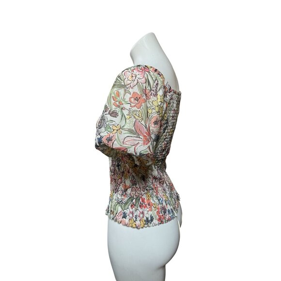 By Anthropologie Aurelia Floral Smocked Mesh Net Top Small Puff Sleeve - Picture 6 of 12